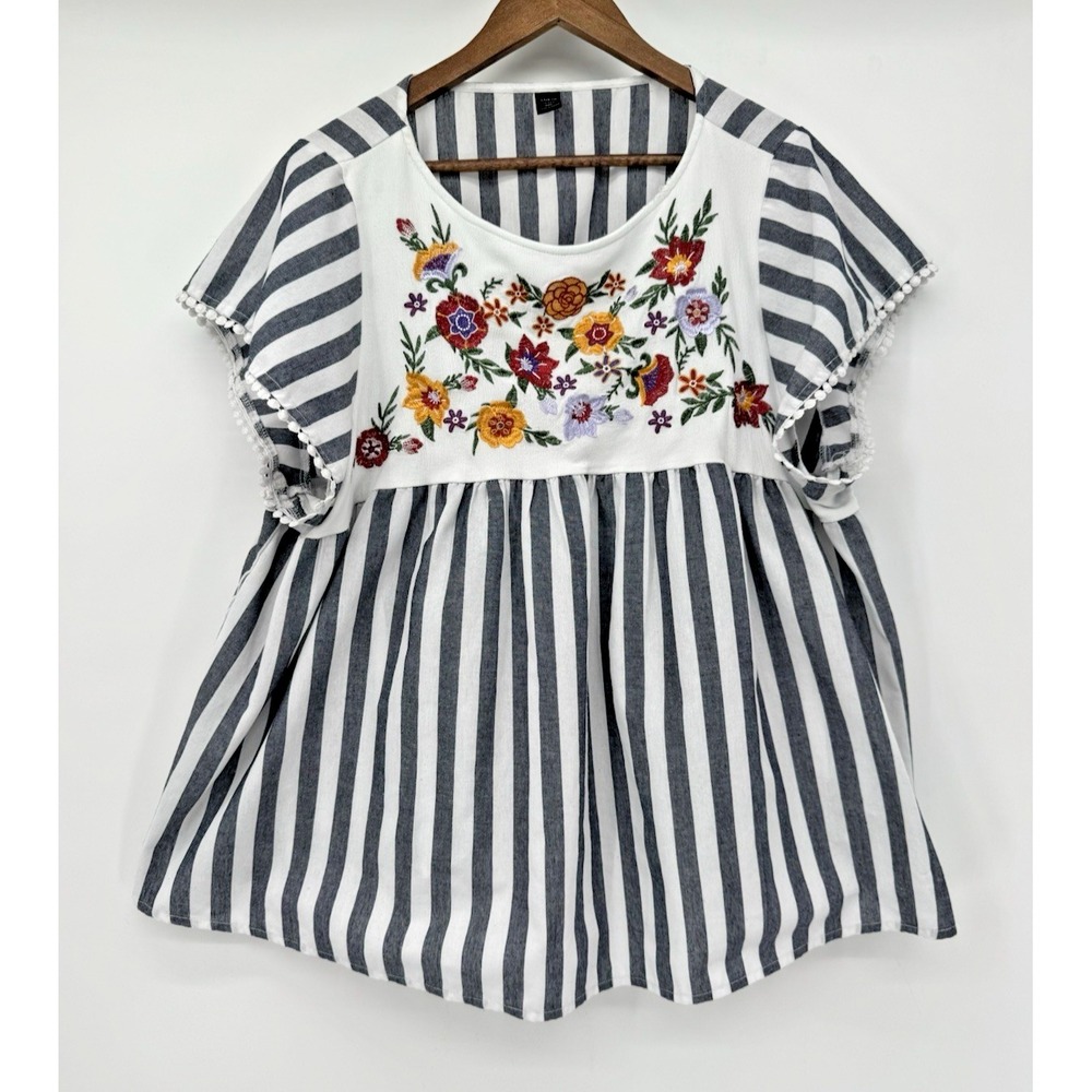 Shein curve 3X short sleeve floral embroidered tunic stripes fiesta huipil latin